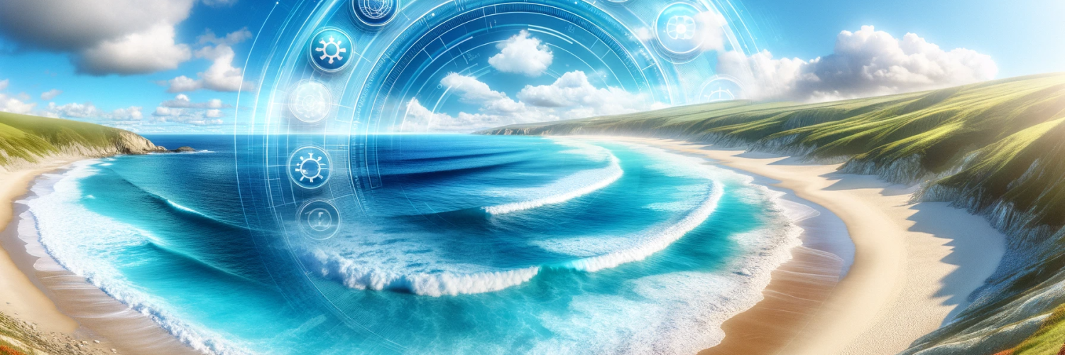 DALL·E 2023-12-21 09.18.06 - A panoramic photograph-style image of a beautiful seaside setting in spring. The scene showcases a stunning blue ocean meeting a white sandy beach. Th