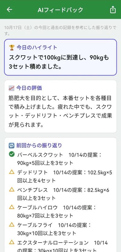 AIフィードバックの実画面例:スクワット100kgのハイライト、今日の評価、前回からの振り返り